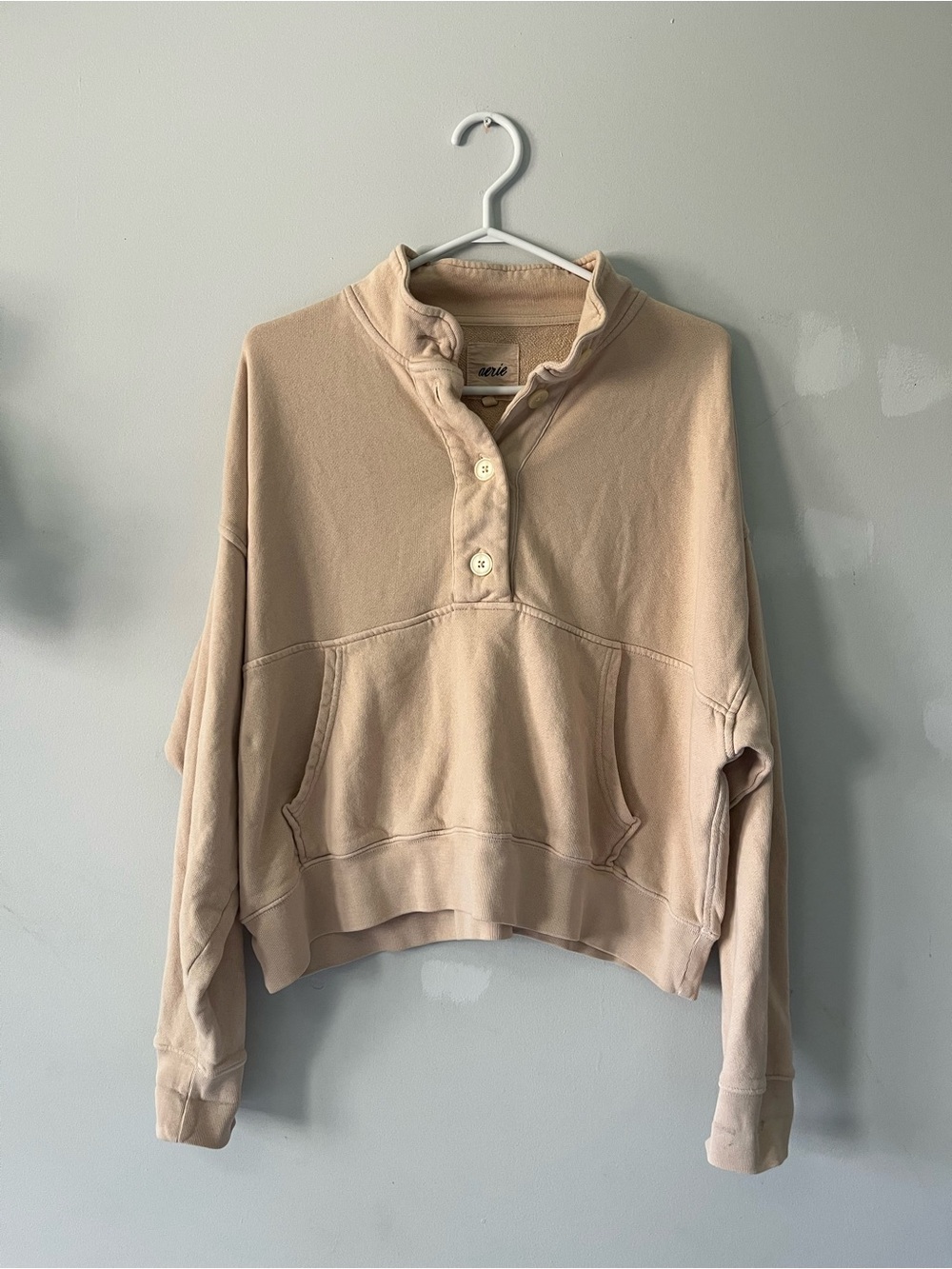 aerie oversized baggy slouchy comfy  Button-mock neck Sweatshirt - Light Tan